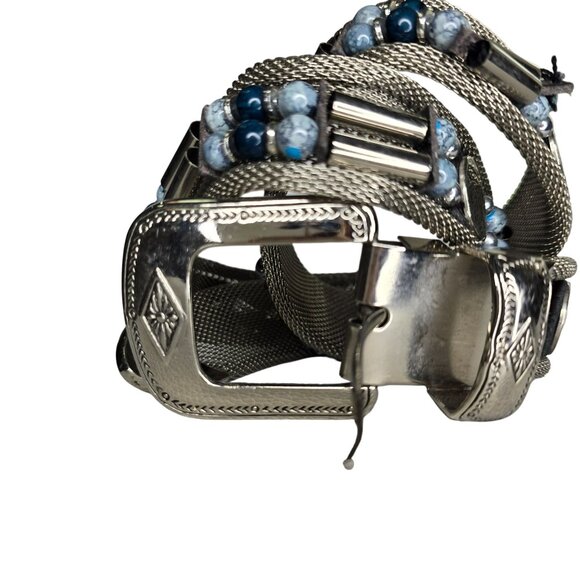 Handcrafted Silver Metal Mesh Belt With Ornate Buckle & Blue Beads Size M - Picture 12 of 12